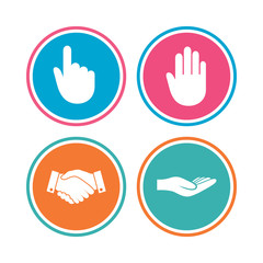 Hand icons. Handshake and click here symbols.