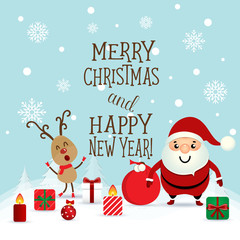 Christmas Greeting Card with Christmas Santa Claus and reindeer.