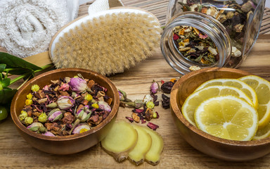 Relaxed SPA ingredients - lemon, ginger, rose herbal tea, towel