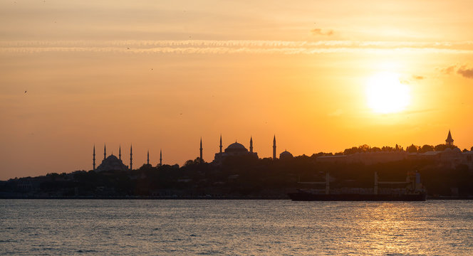 The historic center of Istanbul at sunset. Golden Horn, Turkey.