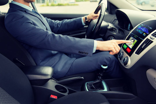 Close Up Of Man Driving Car And Incoming Call