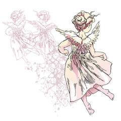 Hand made vector sketch of angel girl.