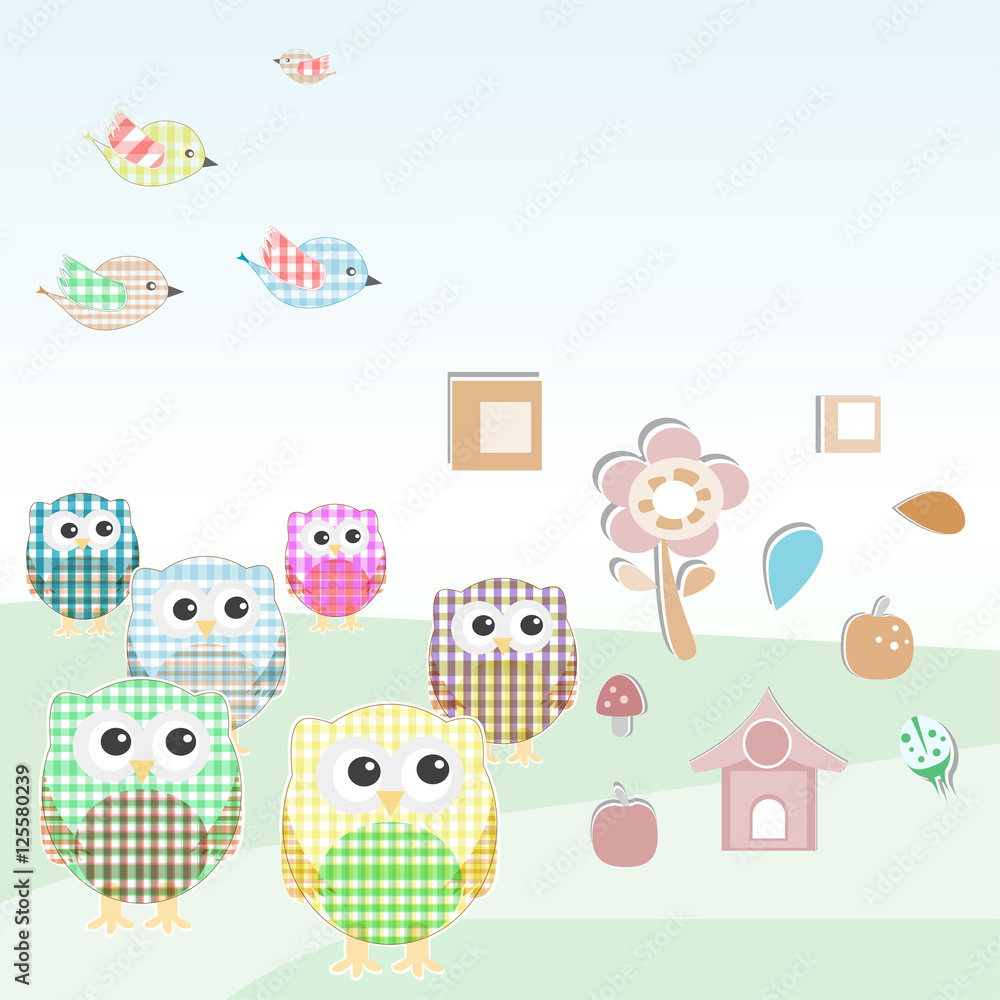 Poster owls and birds on tree branches. nature element set