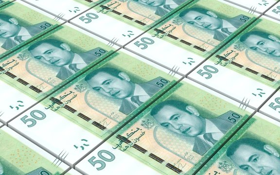 Moroccan dirhams bills stacks background. 3D illustration.