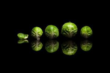 Four fresh green brussels sprouts in row isolated on black backg