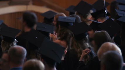 Crowd of happy graduates in academic gowns applauding, diploma awarding ceremony