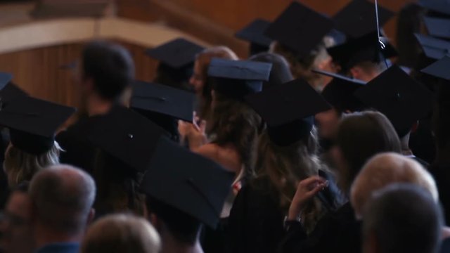 Crowd of happy graduates in academic gowns applauding, diploma awarding ceremony