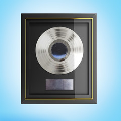 Silver CD prize with label in frame on wall 3d render on blue