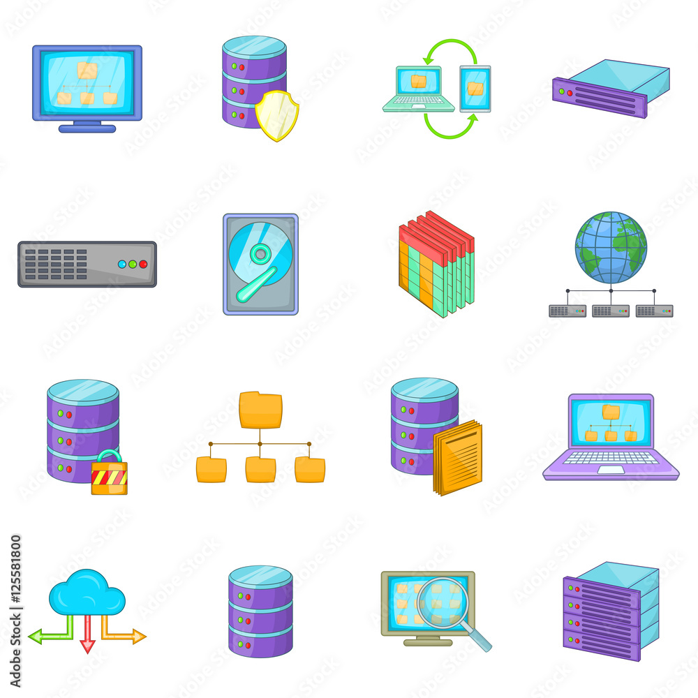 Aufkleber data base icons set. cartoon illustration of 16 data base vector icons for web