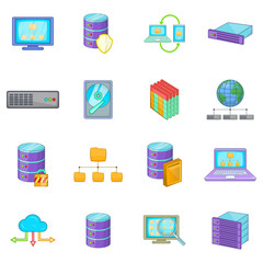 Data base icons set. Cartoon illustration of 16 data base vector icons for web