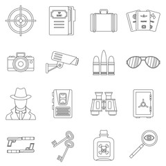 Fototapeta premium Spy tools icons set. Outline illustration of 16 spy tools travel vector icons for web
