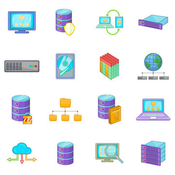 Data base icons set. Cartoon illustration of 16 data base vector icons for web