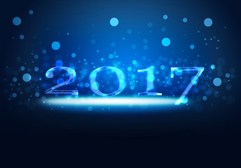 Blue glowing neon light on New Year 2017 concept with gradient blue background