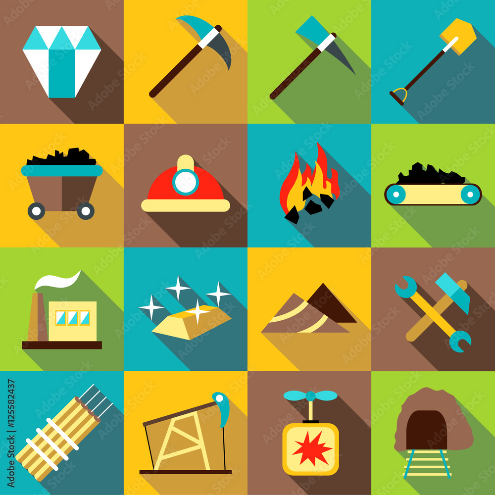 Poster mining production icons set. flat illustration of 16 mining production vector icons for web