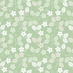 Green seamless pattern with flowers and leaves