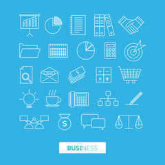Vector set simple linear icons, Business and Finance. Isolated on blue background.