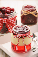 Tasty dessert - berry jelly with vanilla pudding and jellied berries.