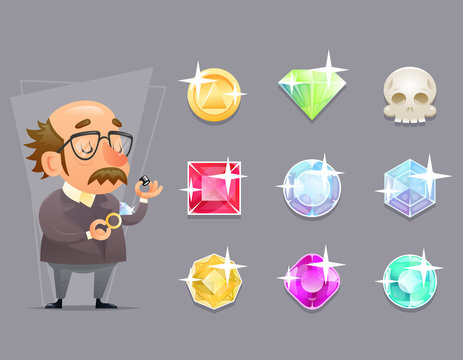 Jeweler Valuer Appraiser Quality Check Process Icon Set Retro Cartoon Design Mobile Game Vector Illustration