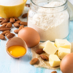 Baking concept. Fresh ingredients for almond cookies, Italian cantuccini biscuits or pastry praparation