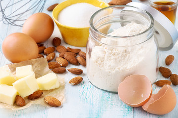 Baking concept. Fresh ingredients for almond cookies, Italian cantuccini biscuits or pastry preparation