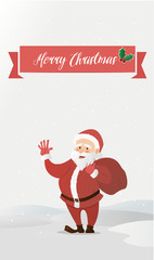Santa Claus waving. Has brought the bag with gifts. Vector illustration of a flat style. Bright New Year and Christmas characters