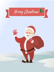 Santa Claus waving. Has brought the bag with gifts. Vector illustration of a flat style. Bright New Year and Christmas characters
