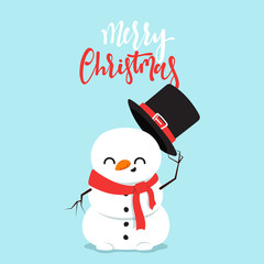 Snowman cartoon character in a flat style. Christmas character cheerful cute snowman. Merry Christmas Vector Illustration