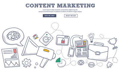 Doodle design style concept of content marketing , marketing and sharing of digital content. Modern line style illustration for web banners, hero images, printed materials