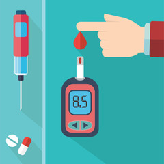 Diabetes Blood Glucose Test - Hand applying blood drop to test strip of Glucose Meter - Flat icon set