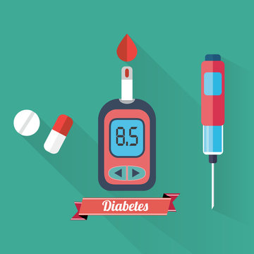 Diabetes Blood Glucose Test - Hand applying blood drop to test strip of Glucose Meter - Flat icon set