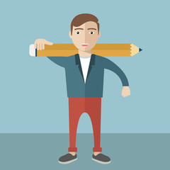 Creative at work. Passionate designer, freelancer young man holding big pencil on his shoulders. Creative industry concept. Modern flat design style