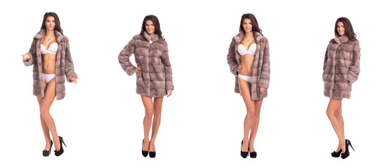 Full length portrait of beautiful brunette women in short mink c