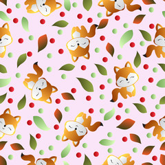 seamless pattern with smiling red fox and green leaves on a pink background 