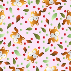 Muurstickers seamless pattern with smiling red fox and green leaves on a pink background  © ame kamura