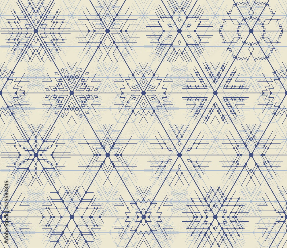 Poster seamless vector thin line geometric pattern of snowflakes with points at the intersections. hipster 