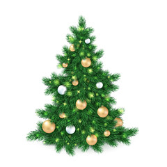 vector illustration of big christmas tree, decorated white and golden christmas ornaments - 125587899