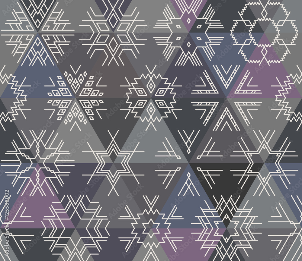Poster seamless vector linear geometric pattern of white snowflakes, triangles on background. hipster style