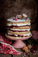 Christmas Layered Cake with Raspberry Jam and Whipped Cream