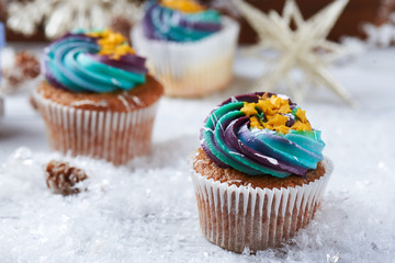 Wintery cupcakes on a snow background