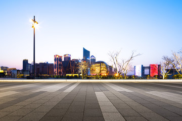 Fototapeta na wymiar cityscape and skyline of hangzhou new city from empty floor
