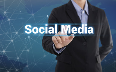 Businessman hand pressing button social media. sign on virtual screen. business concept.