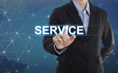 Businessman hand pressing button service. sign on virtual screen. business concept.
