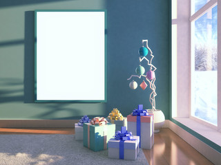 Christmas decorative tree with empty frame poster with blank for design and gift present box with bow. Interior with window, snow winter on background. 3d illustration with soft focus and light effect