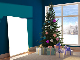 Christmas decorative tree, toys, balls with empty frame poster with blank for design and present gift boxes, window and snow winter on background. 3d illustration with soft focus and light effect