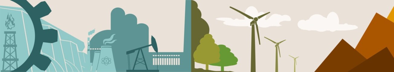 Energy and Power icons ecology banner. Renewable energy development relative theme. Industry and nature opposites