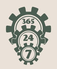 Time operation mode in gear. Gear pyramid. For customer support and retail. Seven days twenty four hour. Cogwheels overlay
