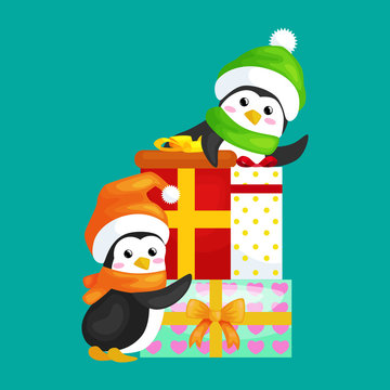 two happy cute Christmas penguin in hat and scarf are a stack of Christmas gifts on the eve of the new year. Greeting vector illustration with presents ands animals