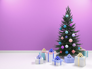 Christmas tree with colored balls toys, gifts boxes. Holiday, new year celebration theme with free copy space. Interior with clean pink. purple wall blank for design, text or image. 3d illustration