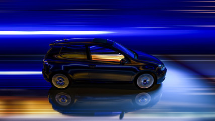 Schnelles Auto bei Nacht in einer Stadt 