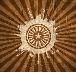 Circle with industry relative silhouettes. Grunge texture. Objects located around the circle. Industrial design background. Star and rays in the center.